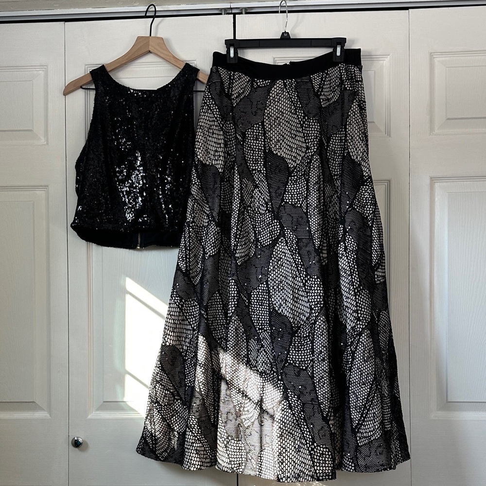 Elegant Black Top and Black/Cream Sequin Skirt Set